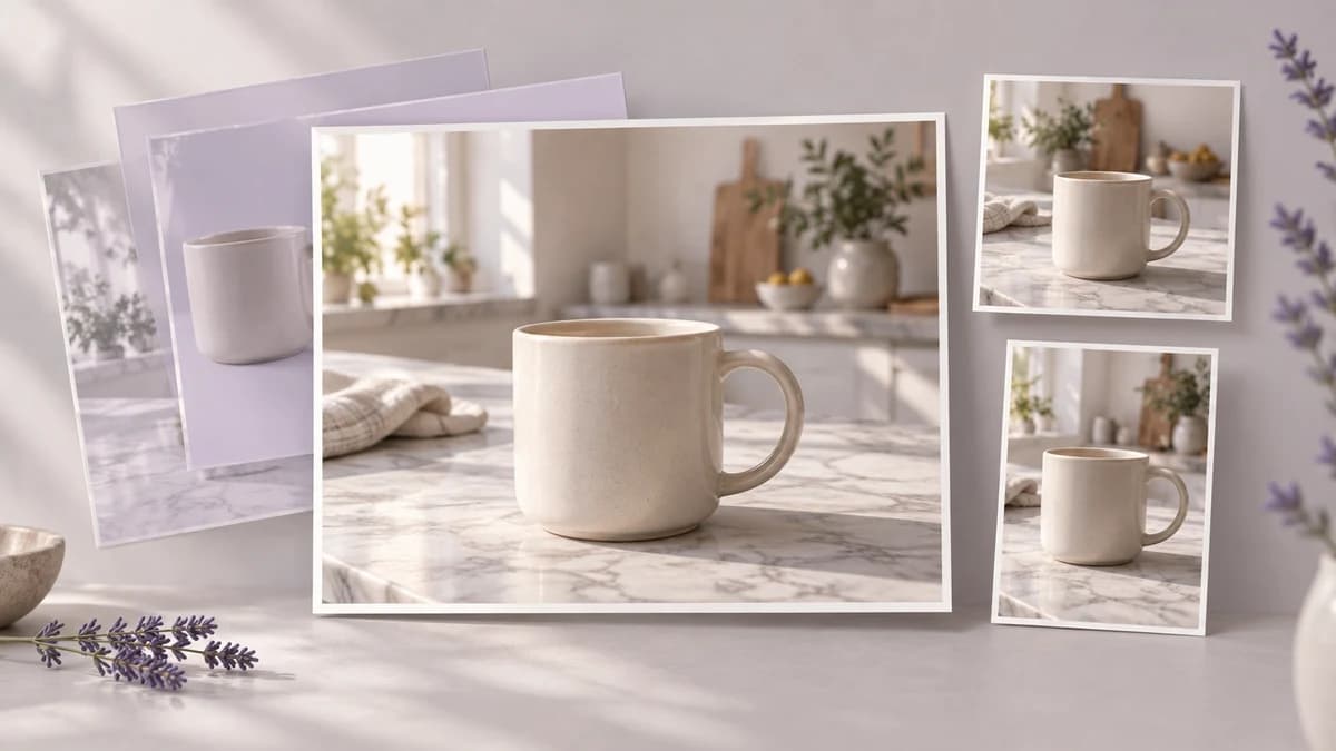 Concept illustration of a cream mug composited into a kitchen scene, with square and portrait export crops.