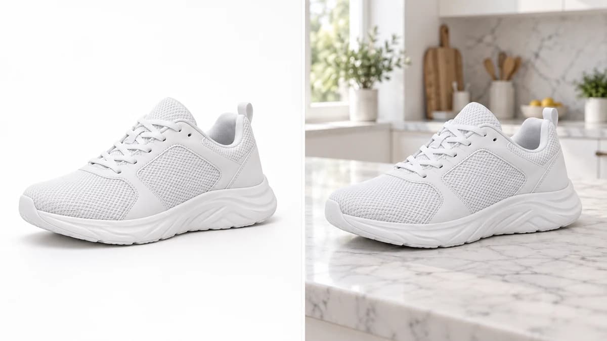 The same unbranded white sneaker shown with a white studio backdrop and a bright kitchen background.