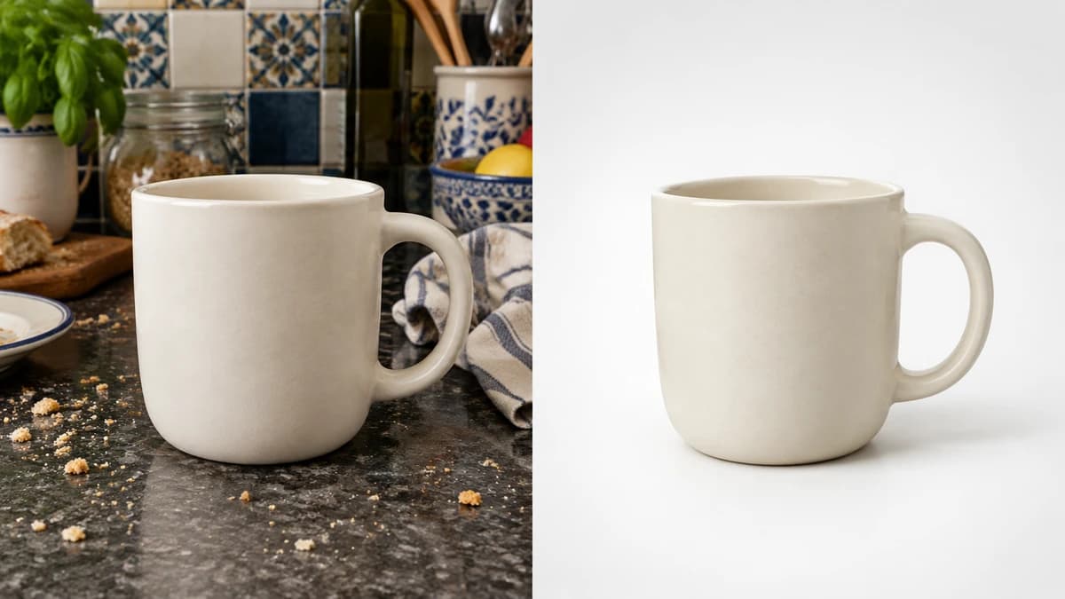 The same cream ceramic mug on a cluttered kitchen counter beside the same mug on a plain white studio sweep.