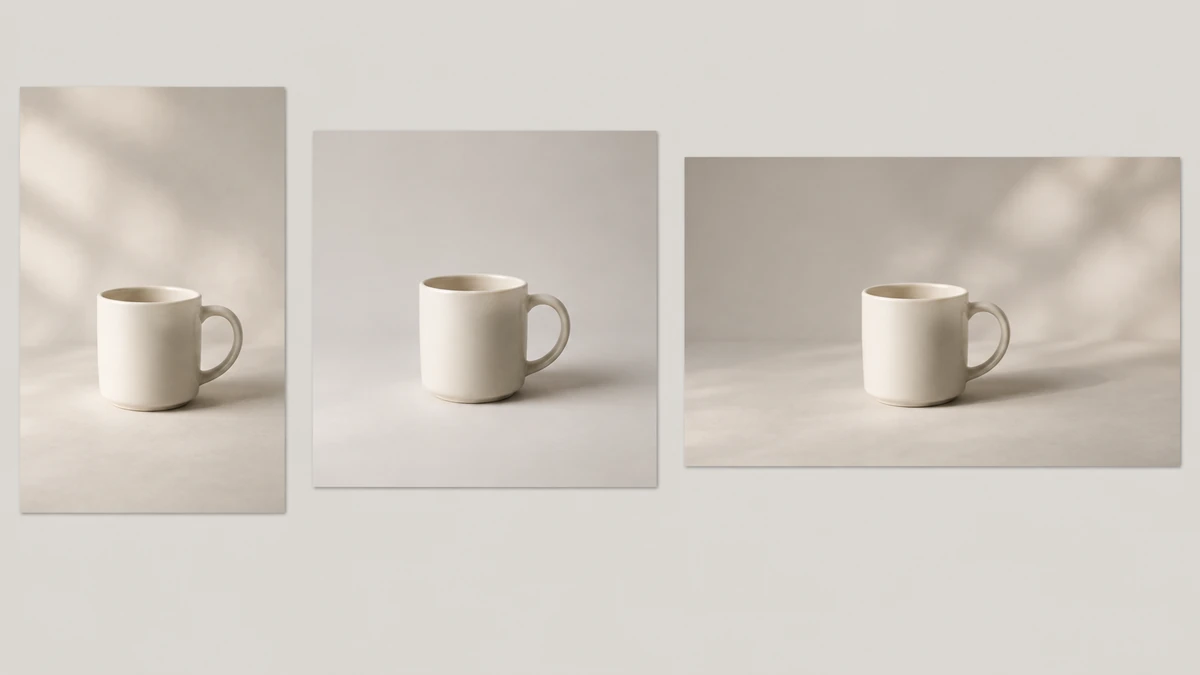 The same cream ceramic mug shown in a tall, a square and a wide print, each with its own background composed for that shape.