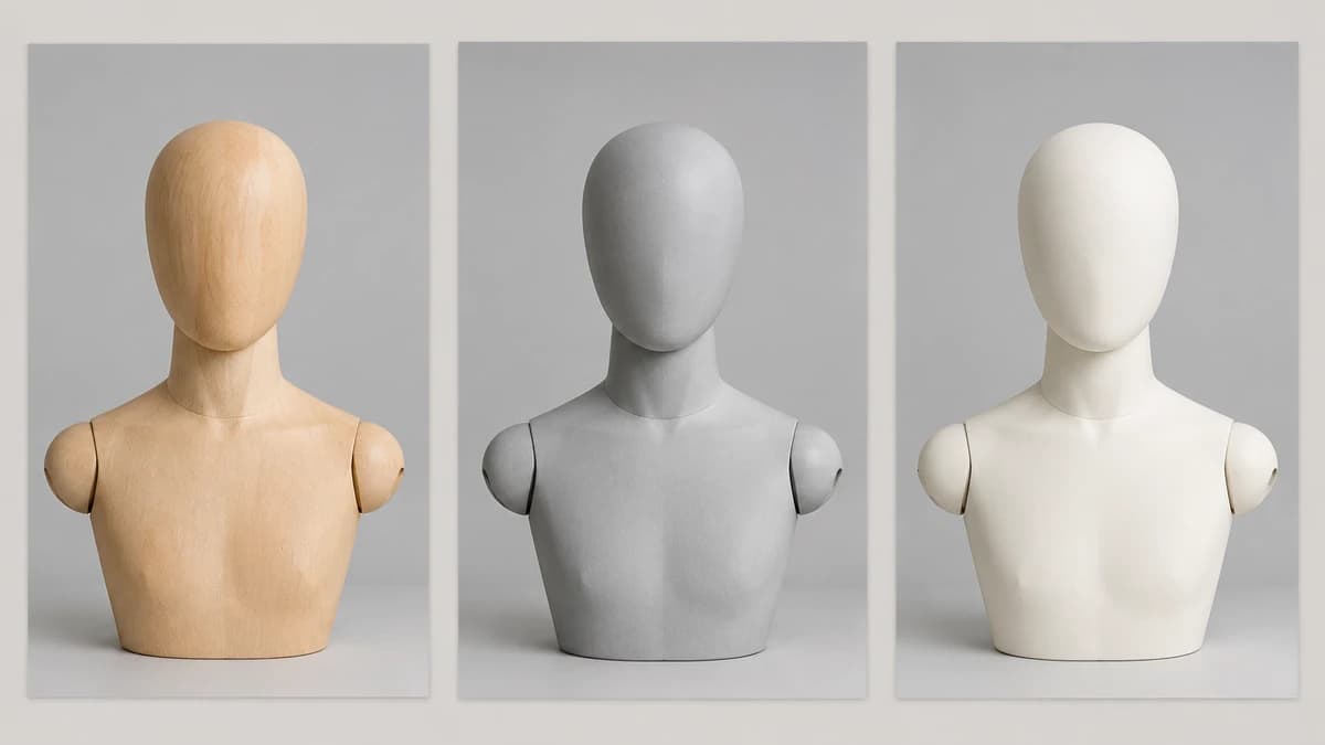 Three head-and-shoulders mannequin busts photographed against the same pale grey studio backdrop, shown as a matching set of headshots.