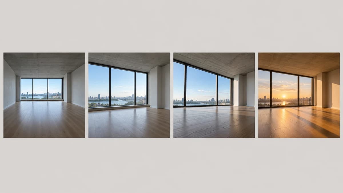 Four reference frames of the same empty room from different camera angles and times of day, pinned in a storyboard strip.