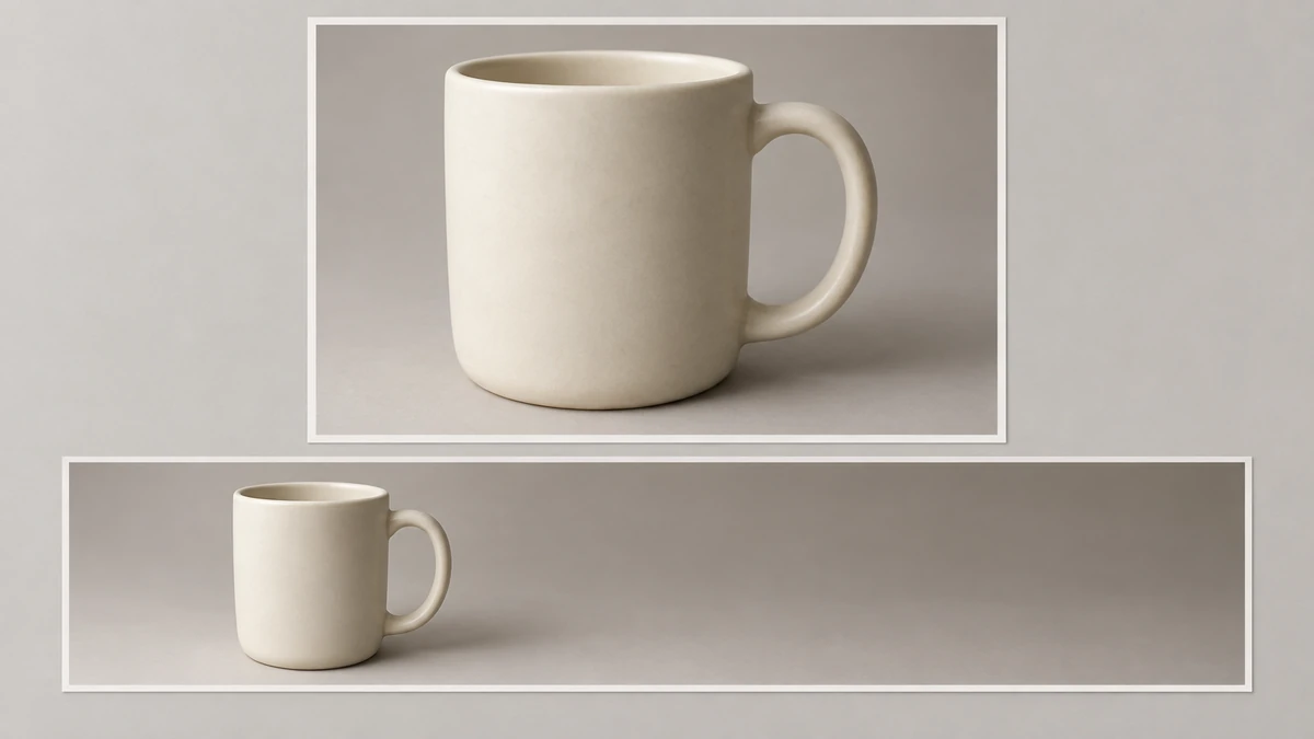 A standard photograph of a cream ceramic mug above a much wider panoramic version of the same shot with generated background extending to the right.