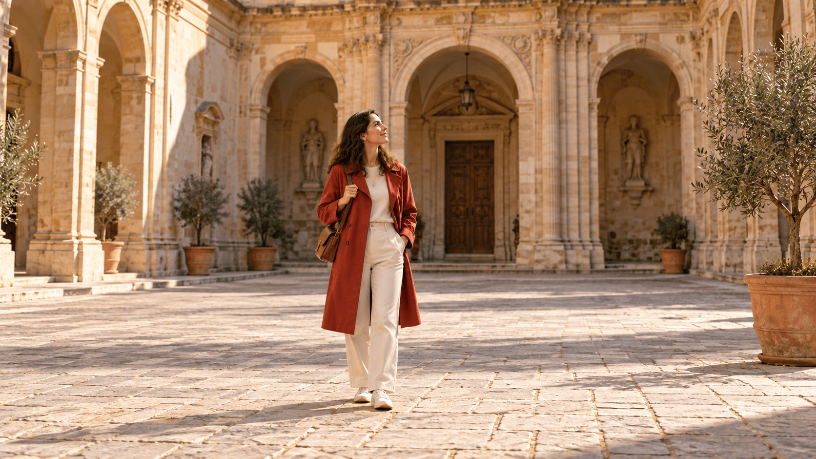 Courtyard illustration retaining the woman in red and removing both background pedestrians