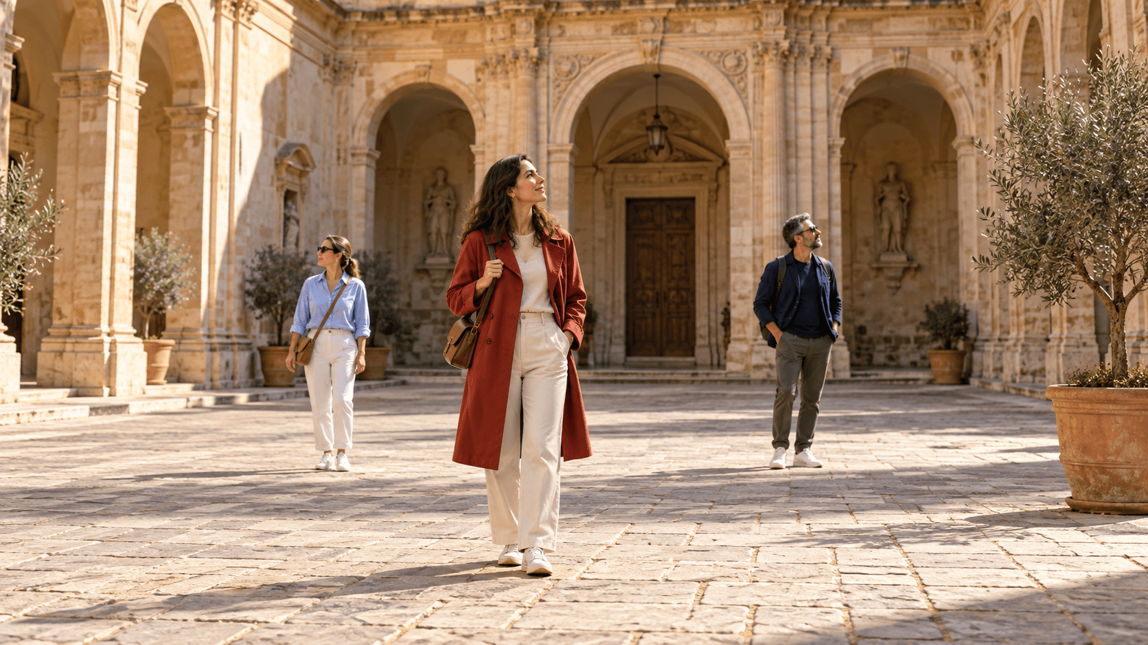 Three adults in a sunlit stone courtyard before people removal