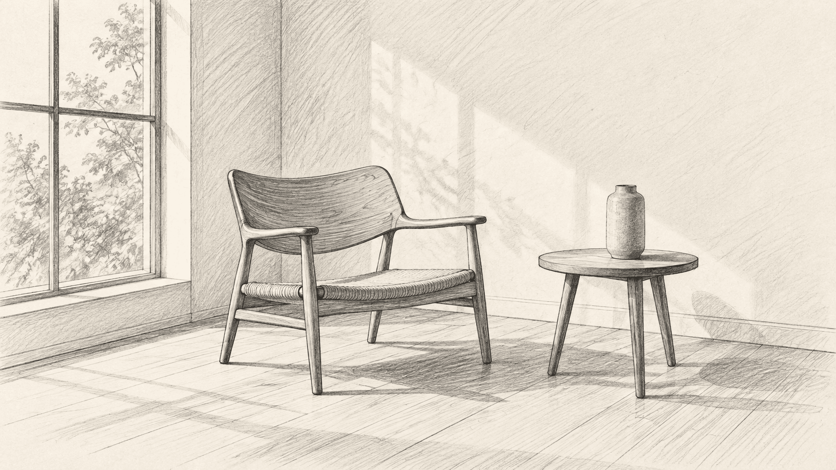 Chair and side-table pencil sketch used for a visual concept