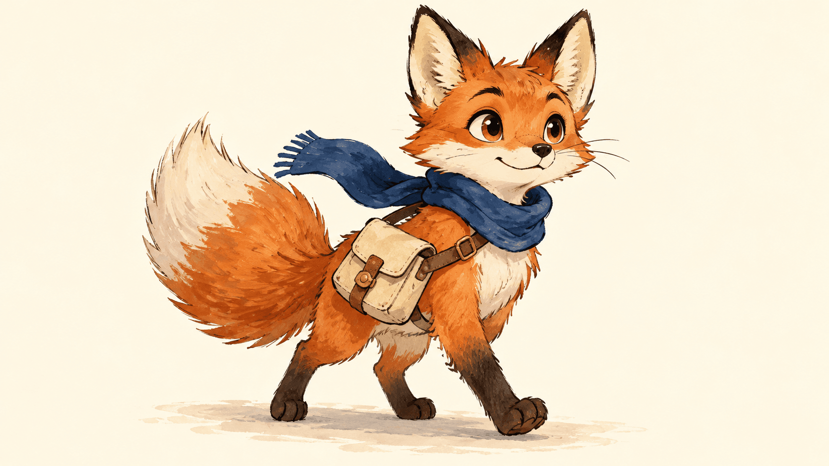 Colored fox character concept with scarf and satchel