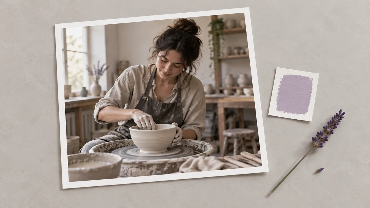 Concept illustration: isolated print depicting a potter making a pale ceramic bowl, wide workshop view and hand details