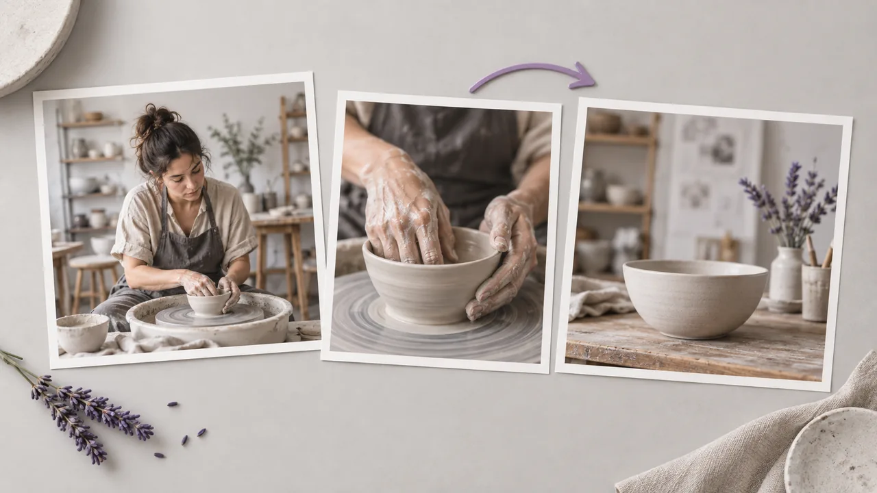 Concept illustration: A neatly arranged connected group of three prints depicting a potter making a pale ceramic bowl, wide workshop view and hand details from different useful framings