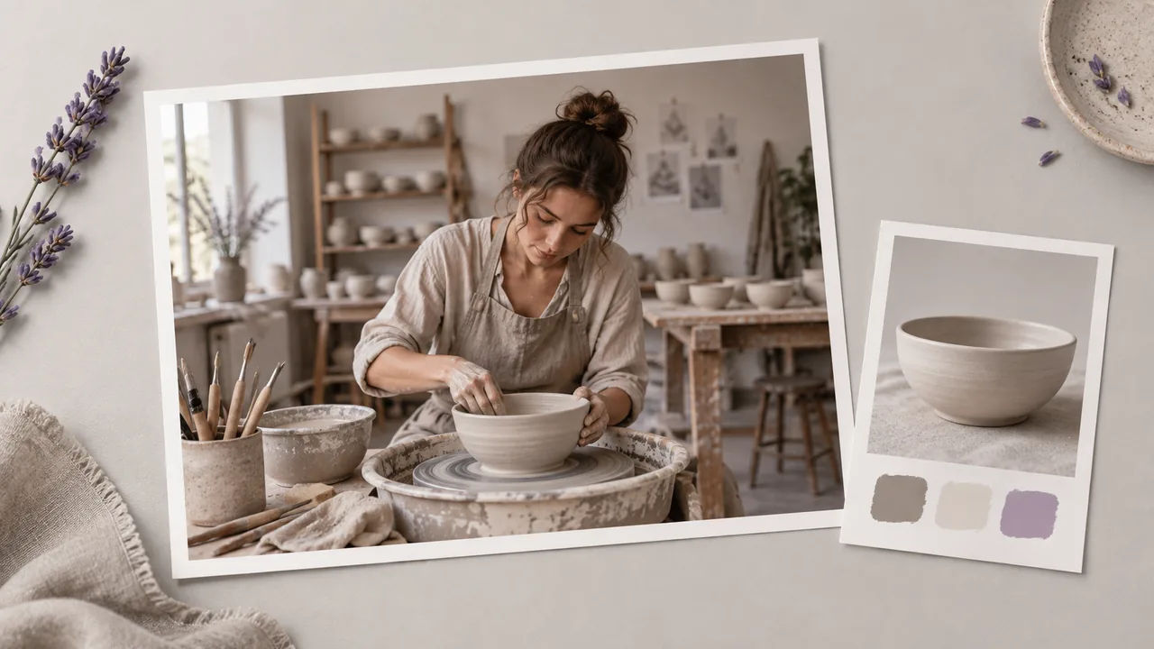 Concept illustration: source print of a potter making a pale ceramic bowl, wide workshop view and hand details, with a small matching reference card beside it