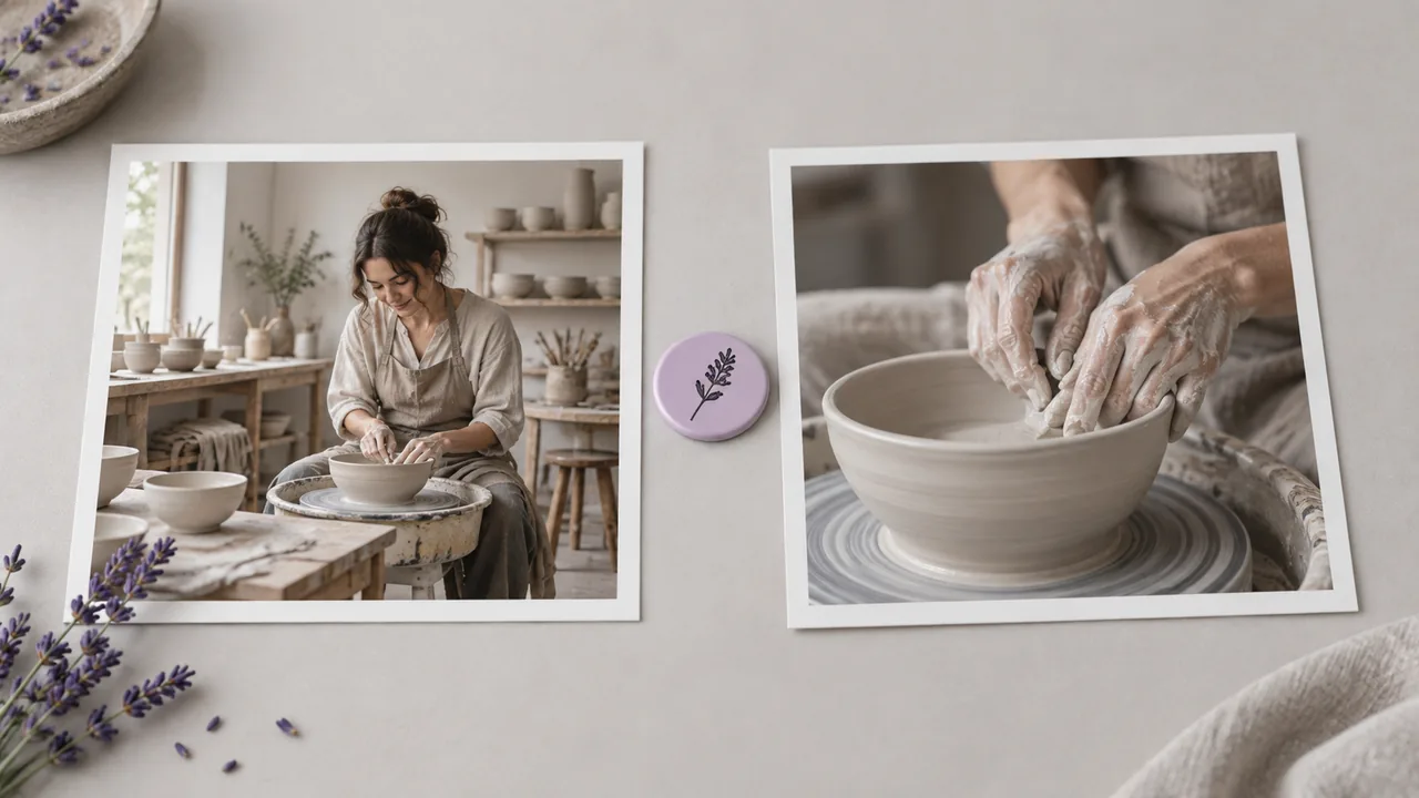 Concept illustration: Two alternate framings of a potter making a pale ceramic bowl, wide workshop view and hand details as prints side by side, a small lavender selection token between them