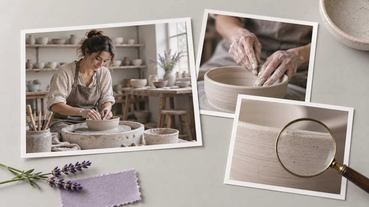 Concept illustration: chosen print of a potter making a pale ceramic bowl, wide workshop view and hand details with a magnifying glass over a small detail, review and selection concept