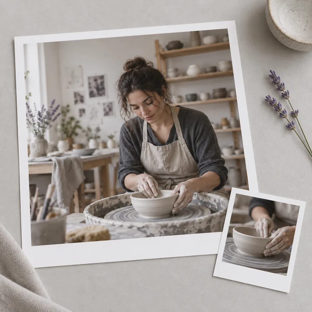 Concept illustration: prominent white-bordered print depicting a potter making a pale ceramic bowl, wide workshop view and hand details, a tiny matching source print tucked in one corner, square composition, concrete task example