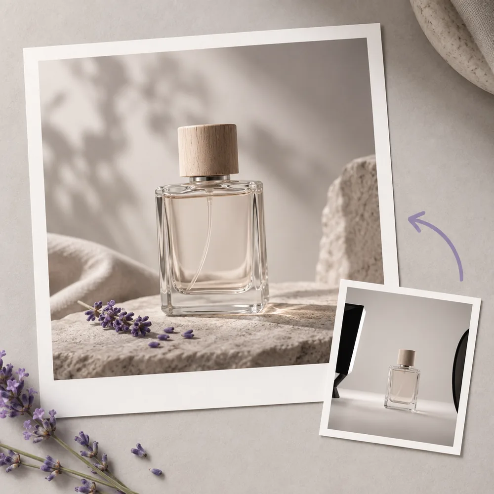 Concept illustration: prominent white-bordered print depicting a plain glass perfume bottle revealed in a studio film, a tiny matching source print tucked in one corner, square composition, concrete task example