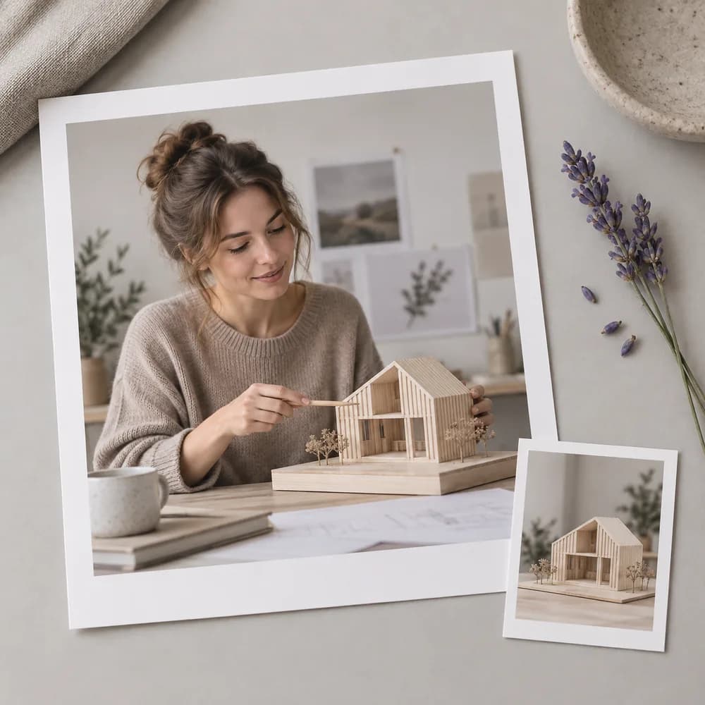 Concept illustration: prominent white-bordered print depicting a fictional presenter explaining a wood model, a tiny matching source print tucked in one corner, square composition, concrete task example