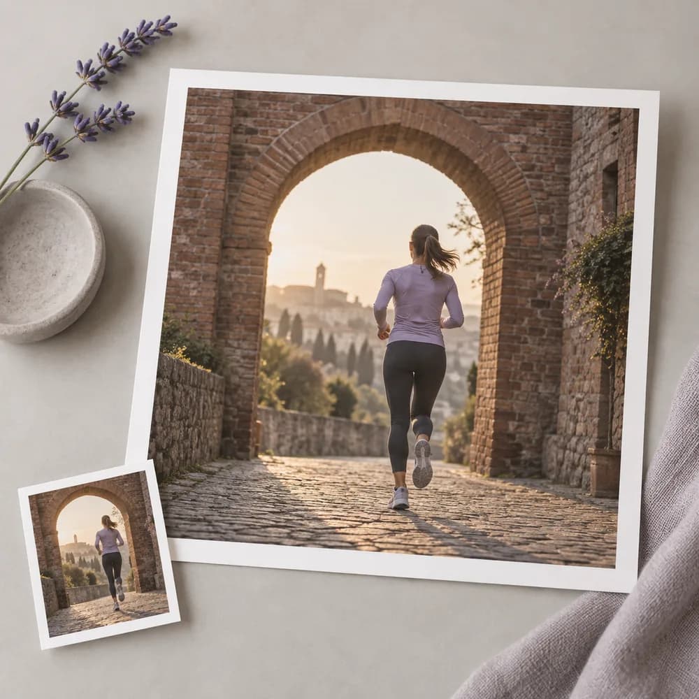 Concept illustration: prominent white-bordered print depicting a runner approaching a brick arch, a tiny matching source print tucked in one corner, square composition, concrete task example