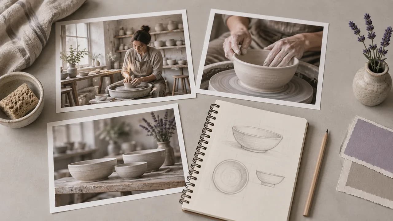 Concept illustration: An editorial still life for use case 1: prints depicting a potter making a pale ceramic bowl, wide workshop view and hand details, paired with a plain pencil and unmarked sketchbook