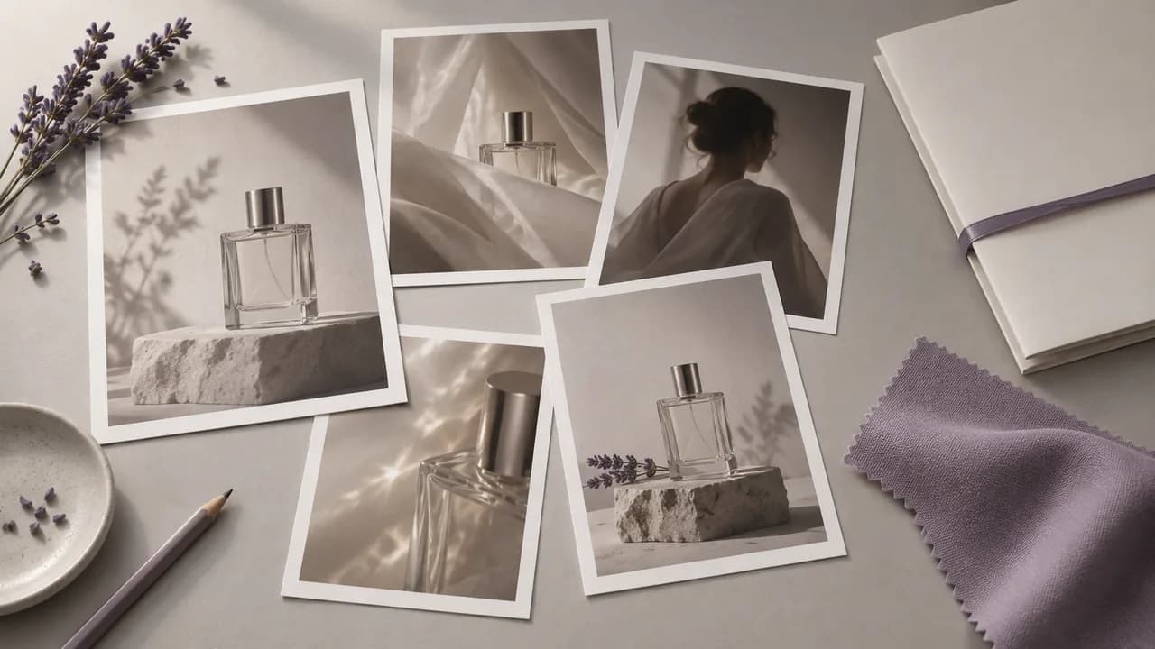 Concept illustration: An editorial still life for use case 2: prints depicting a plain glass perfume bottle revealed in a studio film, paired with a folded blank brief and soft fabric swatch