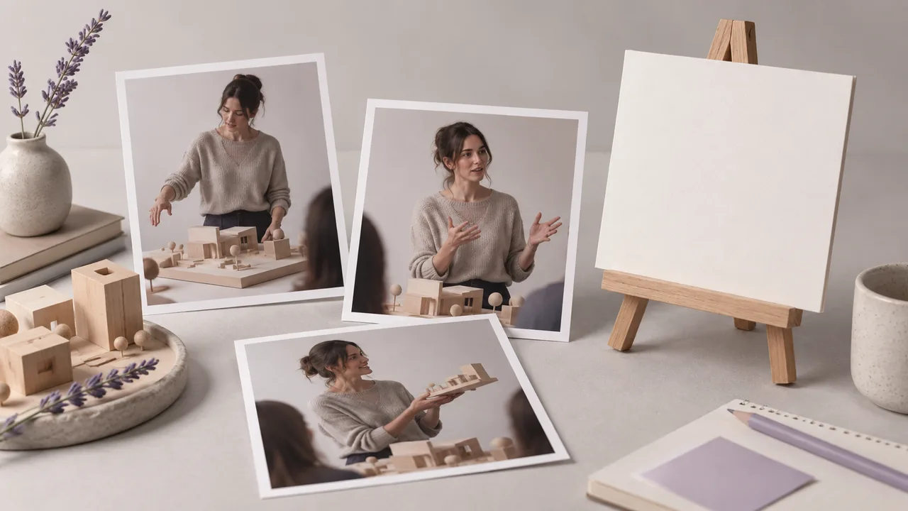 Concept illustration: An editorial still life for use case 3: prints depicting a fictional presenter explaining a wood model, paired with an empty small presentation board