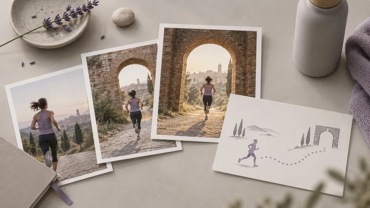 Concept illustration: An editorial still life for use case 4: prints depicting a runner approaching a brick arch, paired with a simple unmarked story card