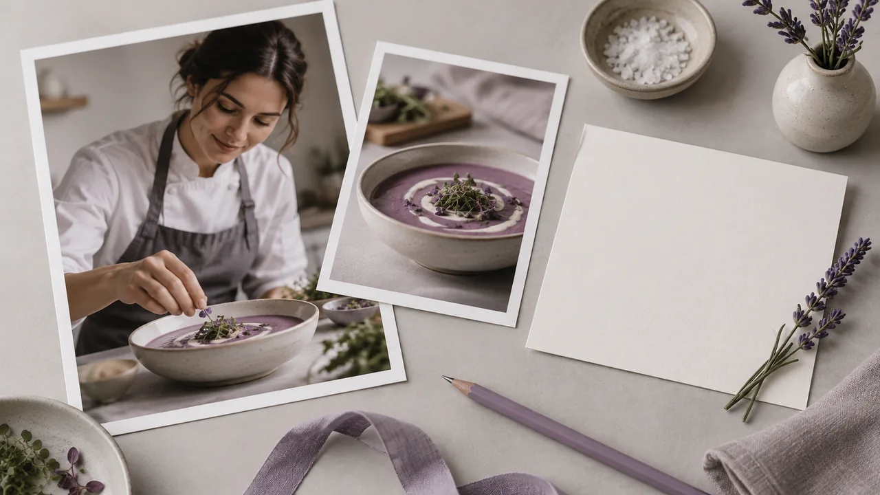 Concept illustration: An editorial still life for use case 5: prints depicting a cook plating a bowl of soup, paired with a blank invitation card