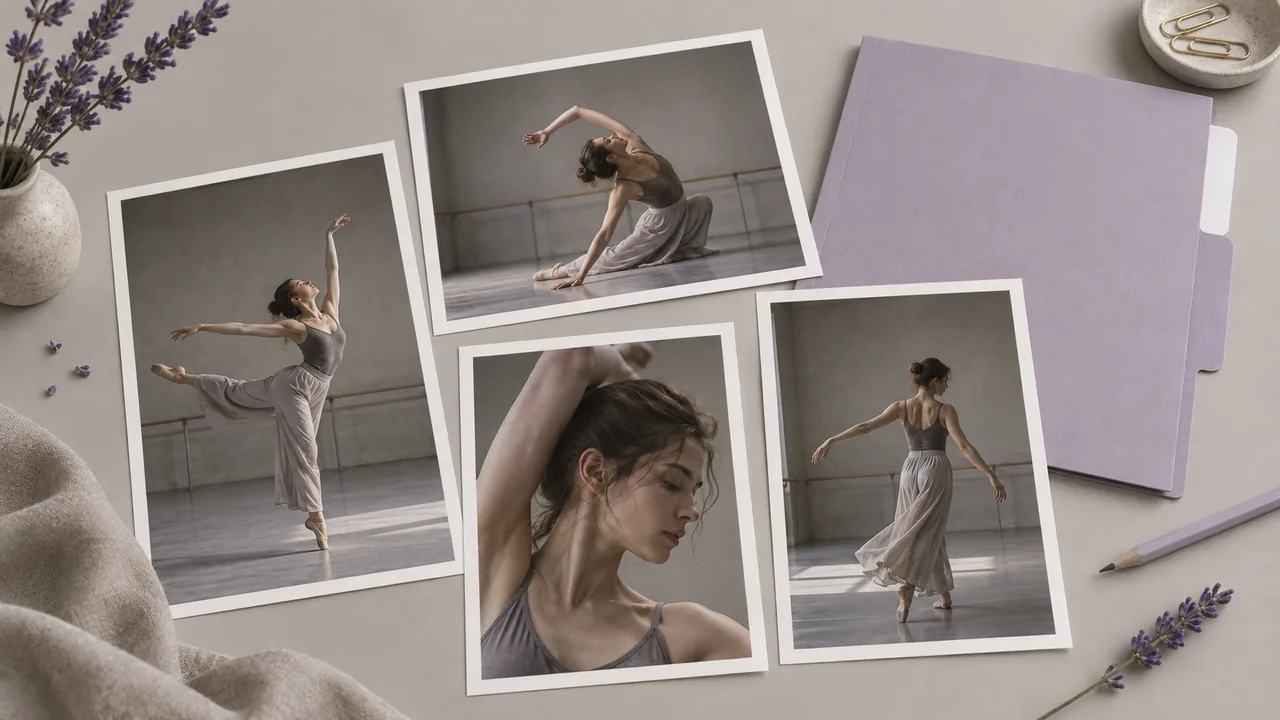 Concept illustration: An editorial still life for use case 6: prints depicting a dancer in a grey rehearsal studio, paired with a plain folder with lavender tab
