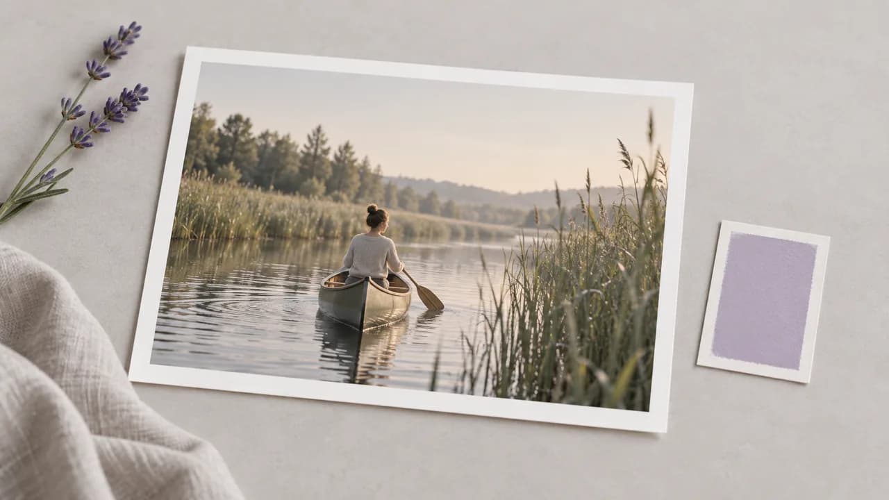Concept illustration: isolated print depicting a canoe gliding past reeds on a calm river