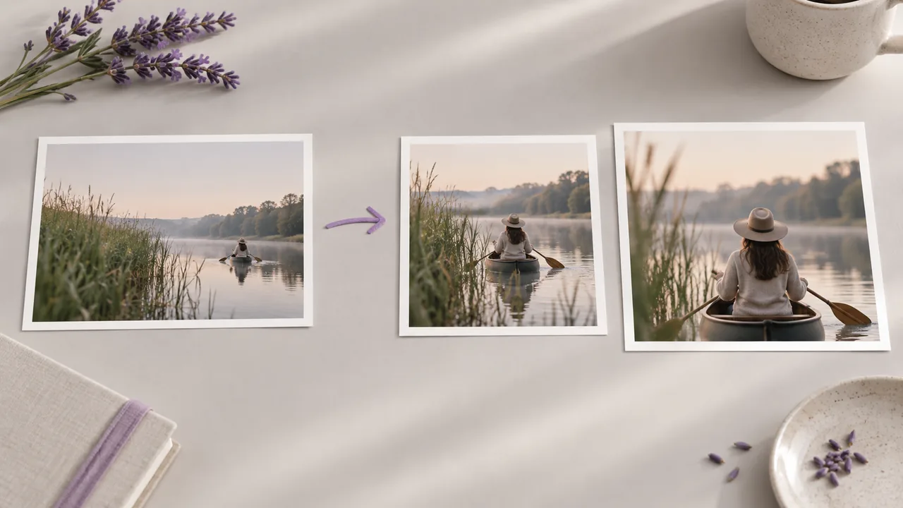 Concept illustration: A neatly arranged connected group of three prints depicting a canoe gliding past reeds on a calm river from different useful framings