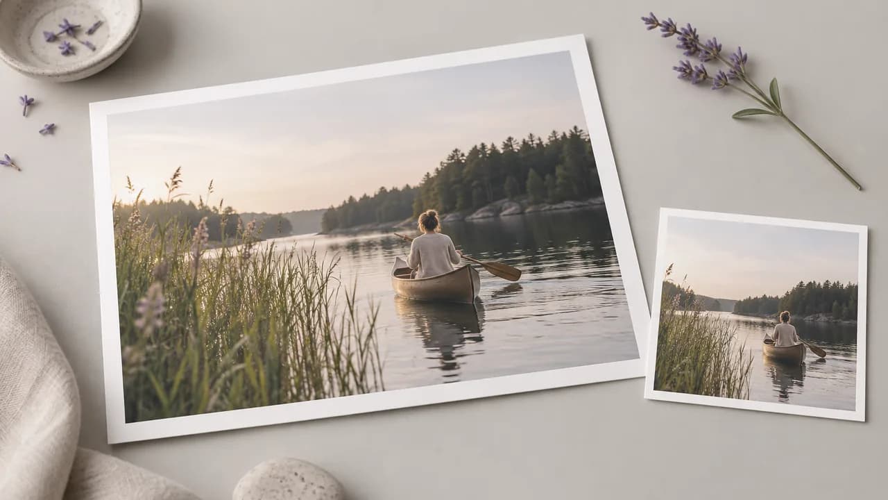 Concept illustration: source print of a canoe gliding past reeds on a calm river, with a small matching reference card beside it