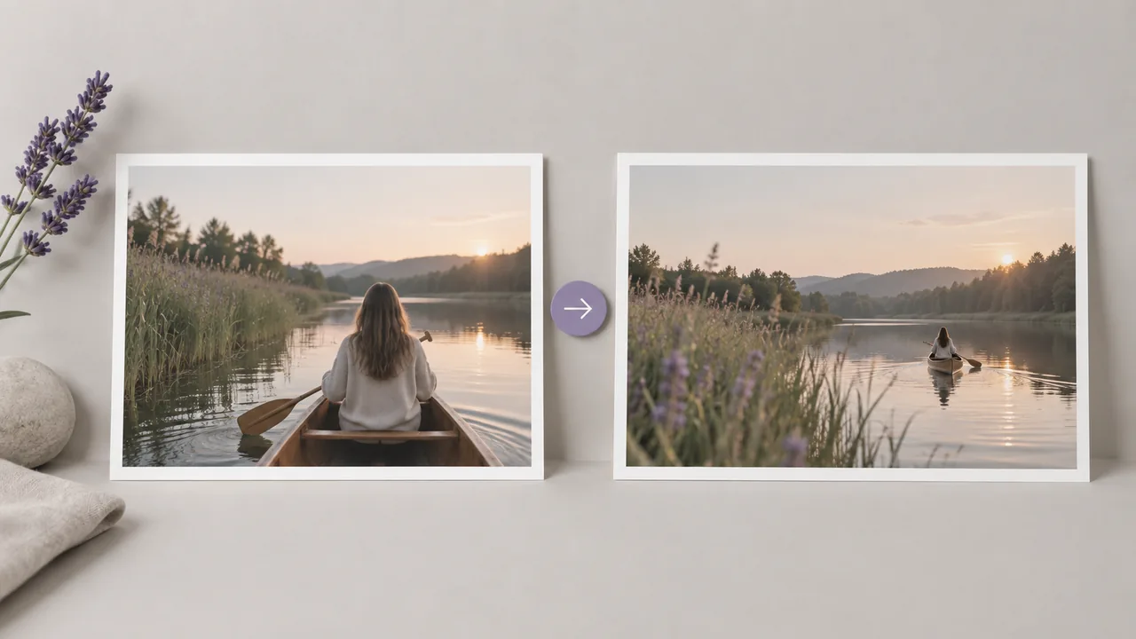 Concept illustration: Two alternate framings of a canoe gliding past reeds on a calm river as prints side by side, a small lavender selection token between them