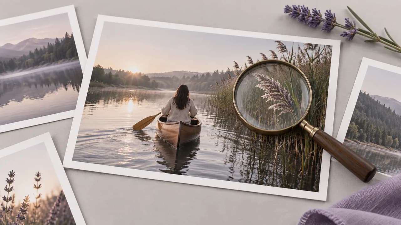 Concept illustration: chosen print of a canoe gliding past reeds on a calm river with a magnifying glass over a small detail, review and selection concept