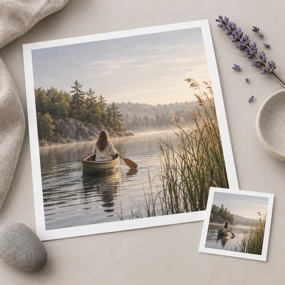 Concept illustration: prominent white-bordered print depicting a canoe gliding past reeds on a calm river, a tiny matching source print tucked in one corner, square composition, concrete task example