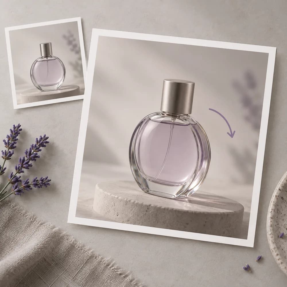 Concept illustration: prominent white-bordered print depicting an unbranded perfume bottle rotating in soft studio light, a tiny matching source print tucked in one corner, square composition, concrete task example