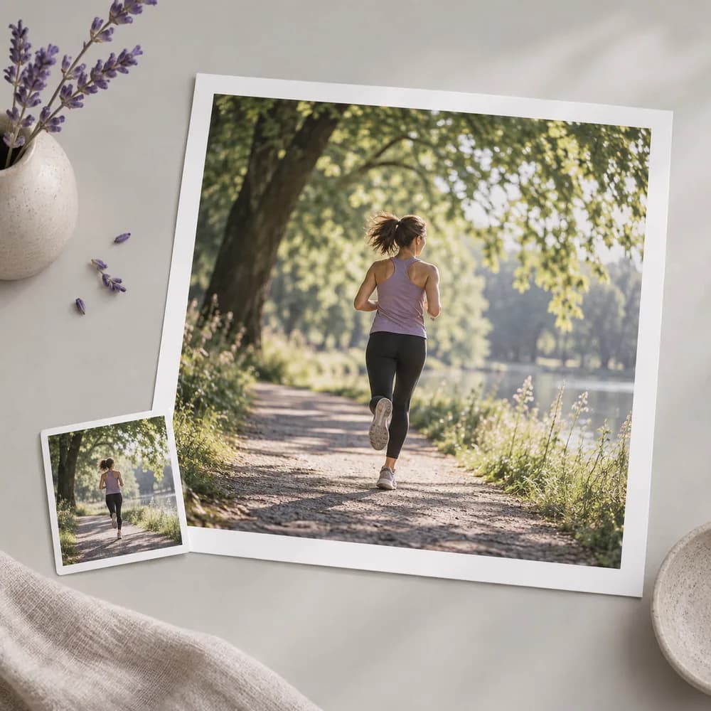 Concept illustration: prominent white-bordered print depicting a runner crossing a park with dappled foliage, a tiny matching source print tucked in one corner, square composition, concrete task example