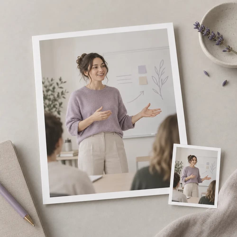 Concept illustration: prominent white-bordered print depicting a fictional presenter gesturing in a classroom, a tiny matching source print tucked in one corner, square composition, concrete task example