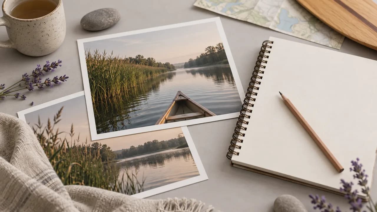 Concept illustration: An editorial still life for use case 1: prints depicting a canoe gliding past reeds on a calm river, paired with a plain pencil and unmarked sketchbook