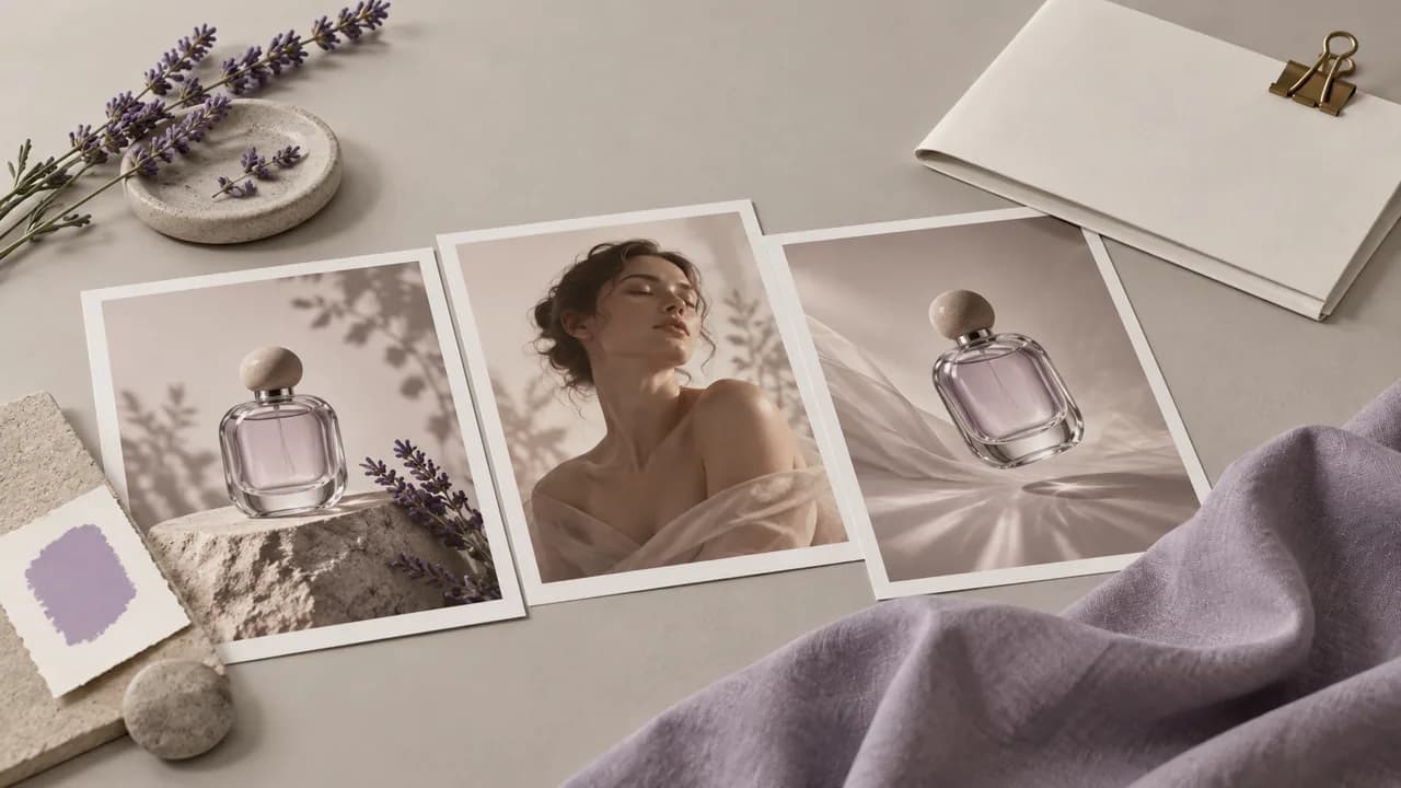 Concept illustration: An editorial still life for use case 2: prints depicting an unbranded perfume bottle rotating in soft studio light, paired with a folded blank brief and soft fabric swatch