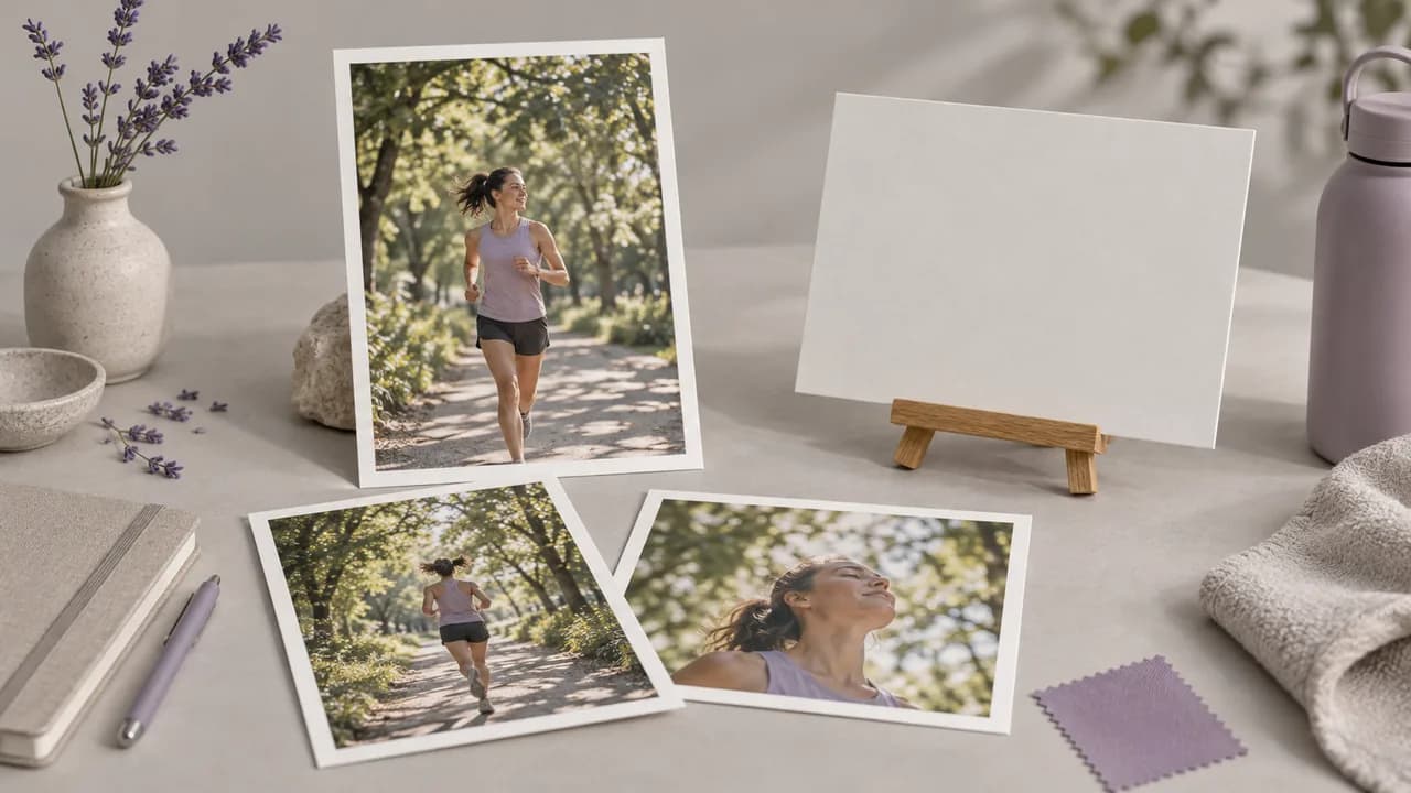 Concept illustration: An editorial still life for use case 3: prints depicting a runner crossing a park with dappled foliage, paired with an empty small presentation board