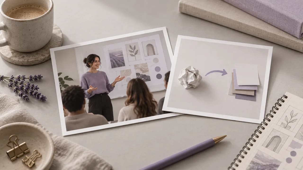 Concept illustration: An editorial still life for use case 4: prints depicting a fictional presenter gesturing in a classroom, paired with a simple unmarked story card