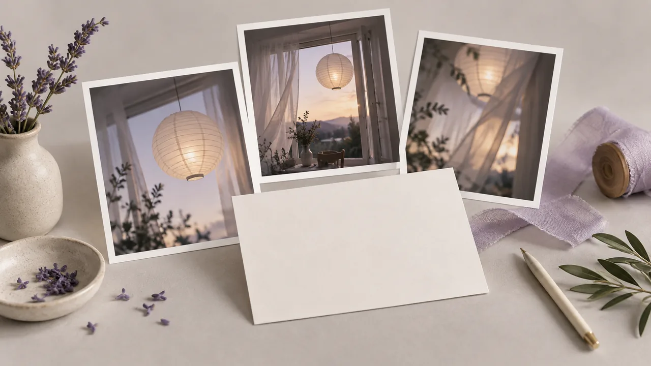 Concept illustration: An editorial still life for use case 5: prints depicting a paper lantern swaying by a window, paired with a blank invitation card