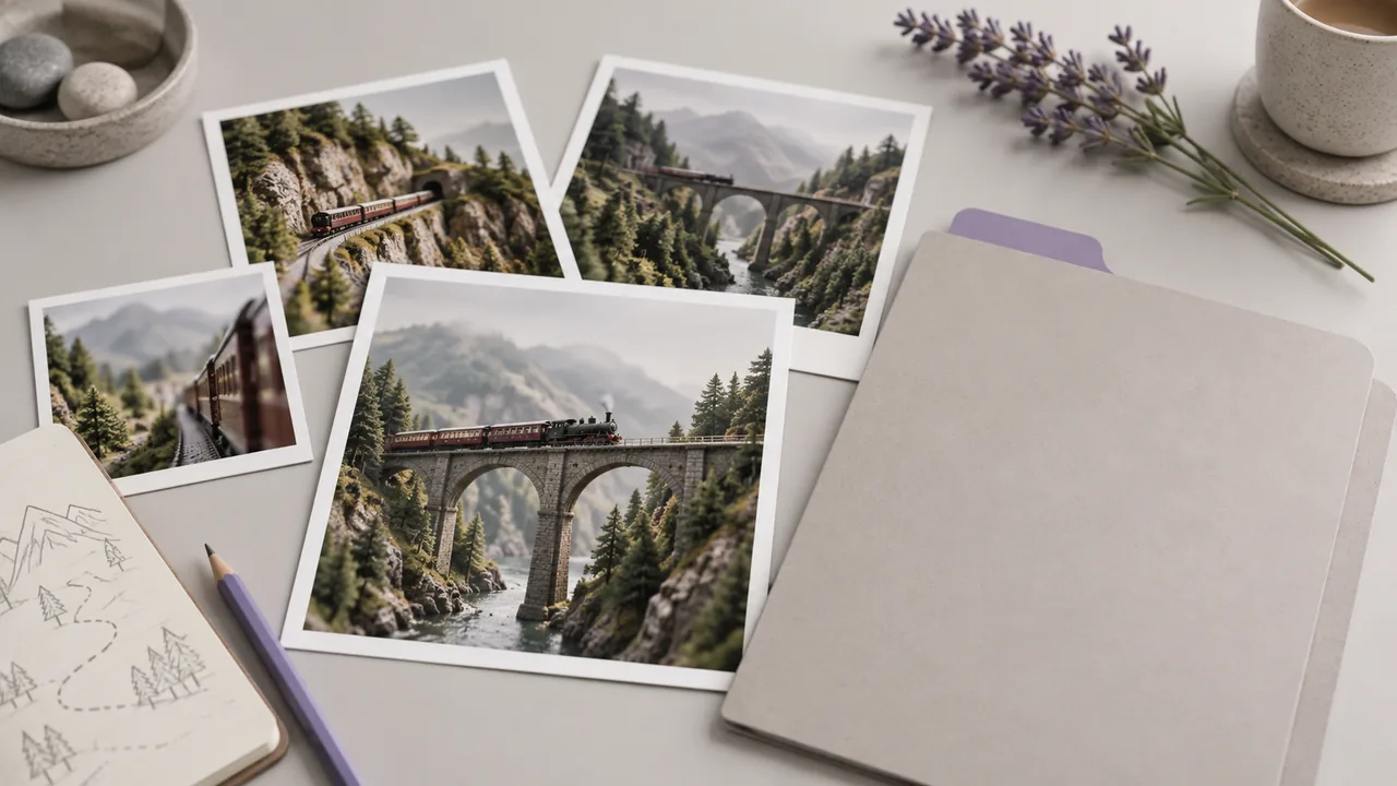 Concept illustration: An editorial still life for use case 6: prints depicting a miniature train moving across a bridge, paired with a plain folder with lavender tab