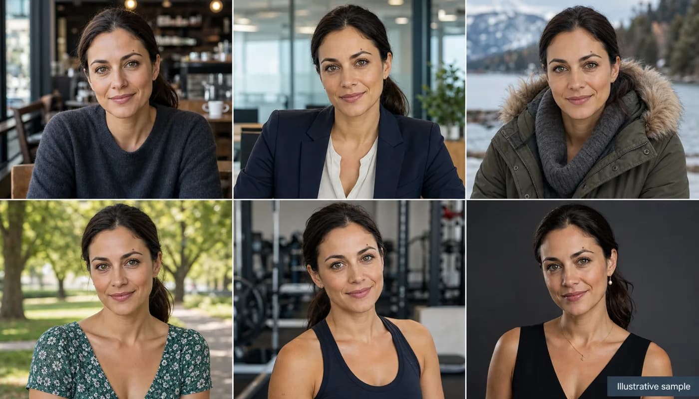 Illustrative sample: one AI character shown consistently across six outfits and scenes on the Astorie canvas