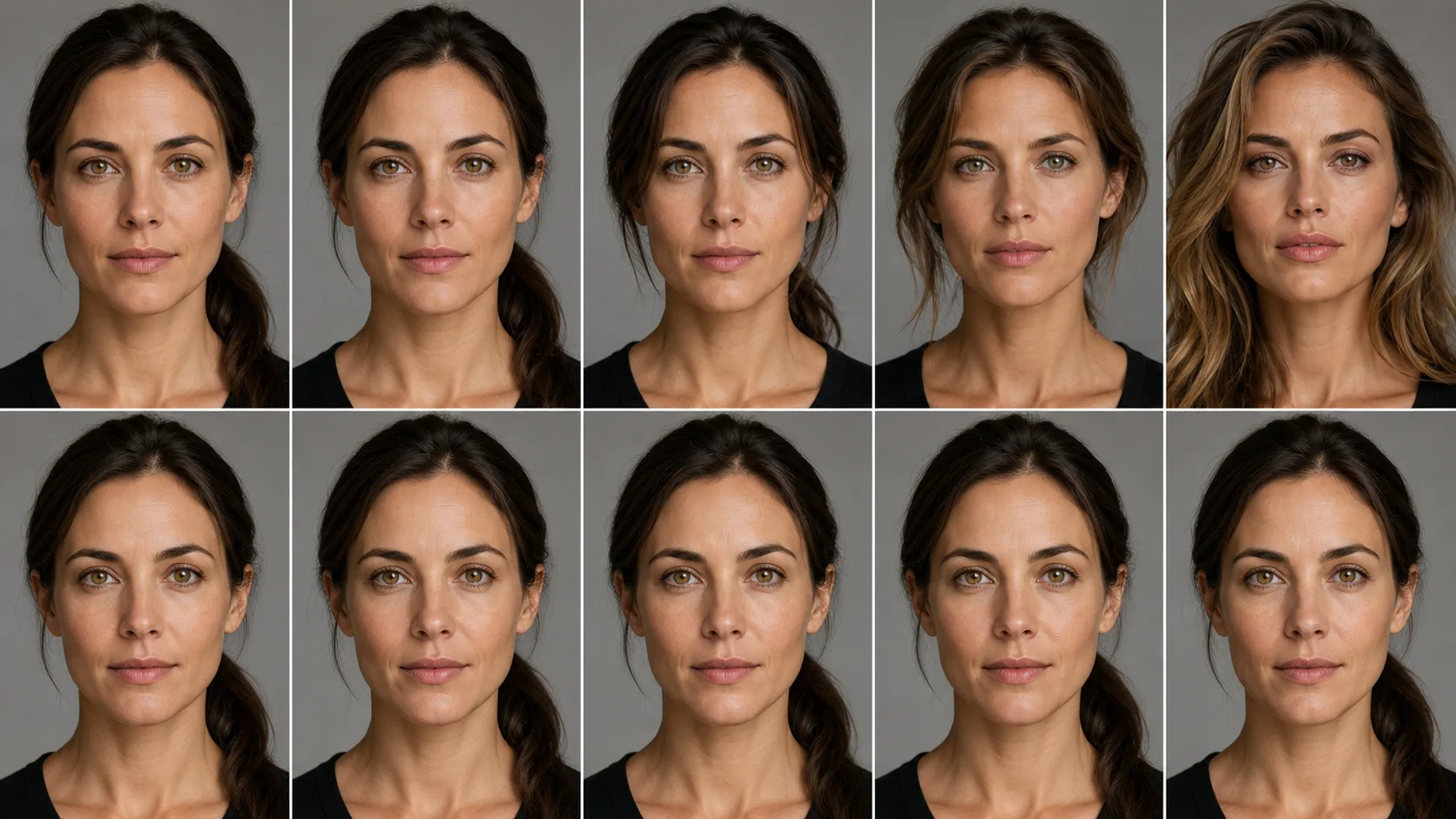 Illustrative sample: a chain of AI portraits drifting generation by generation as each take seeds the next, the face slowly becoming a different person — contrasted with a stable row anchored to one locked reference