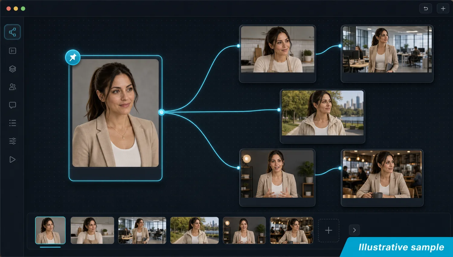 Illustrative sample: a single character node on the Astorie canvas feeding multiple shot nodes that stay identity-consistent