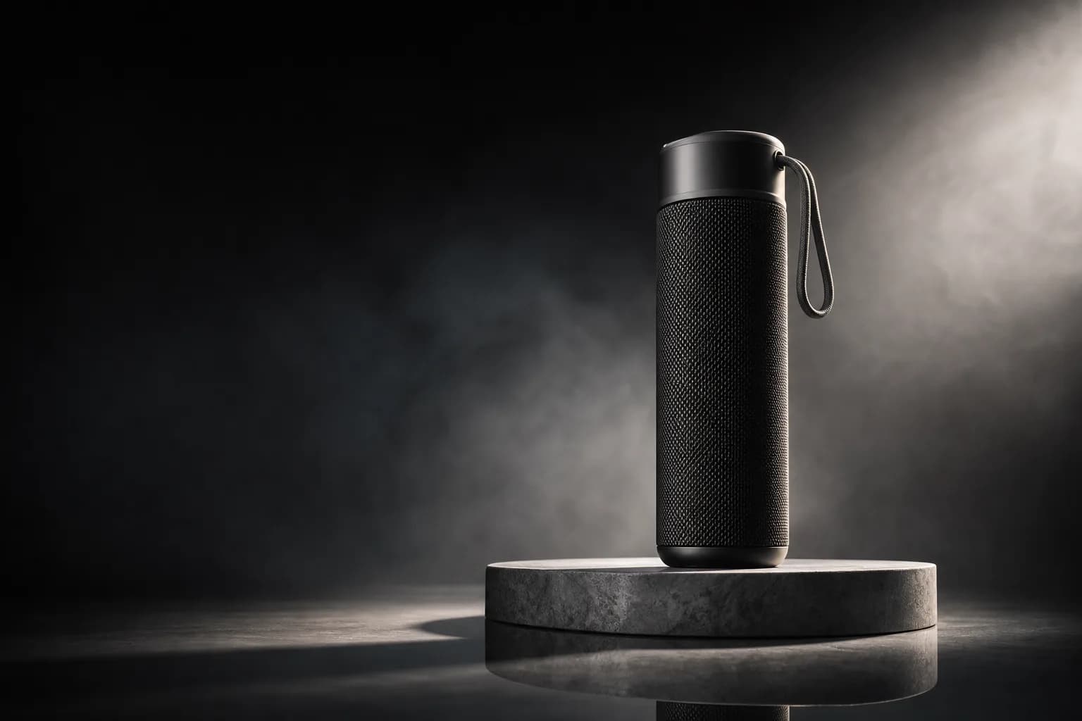 Illustrative sample: a premium product on a minimal plinth lit by a dramatic side rim light with deep shadow, atmosphere haze, and a soft floor reflection, 16:9 framing