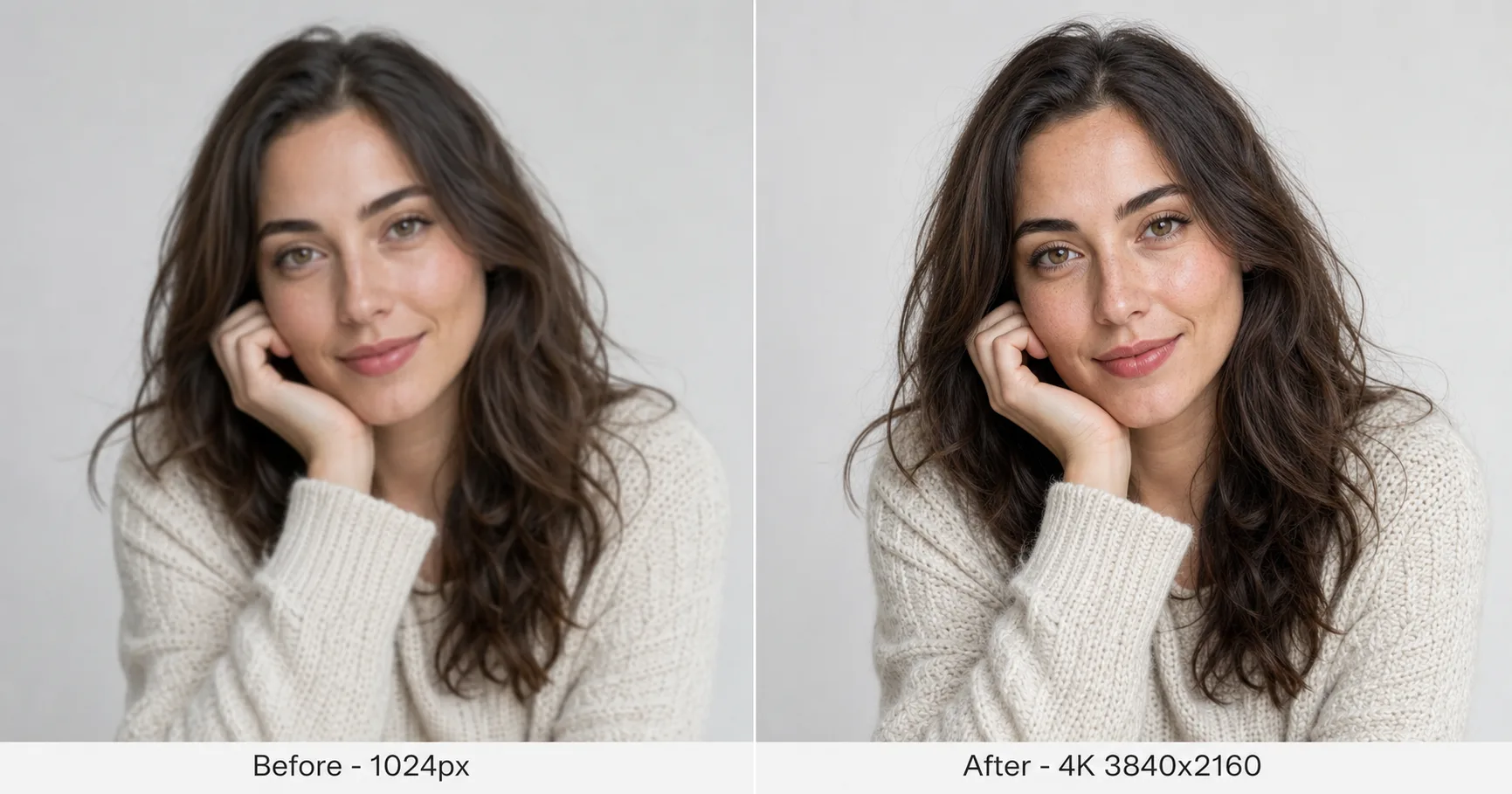 Before and after of an AI 4K upscale on the Astorie canvas: a soft 1024px portrait on the left and a crisp 3840x2160 version on the right with restored skin, hair, and fabric detail