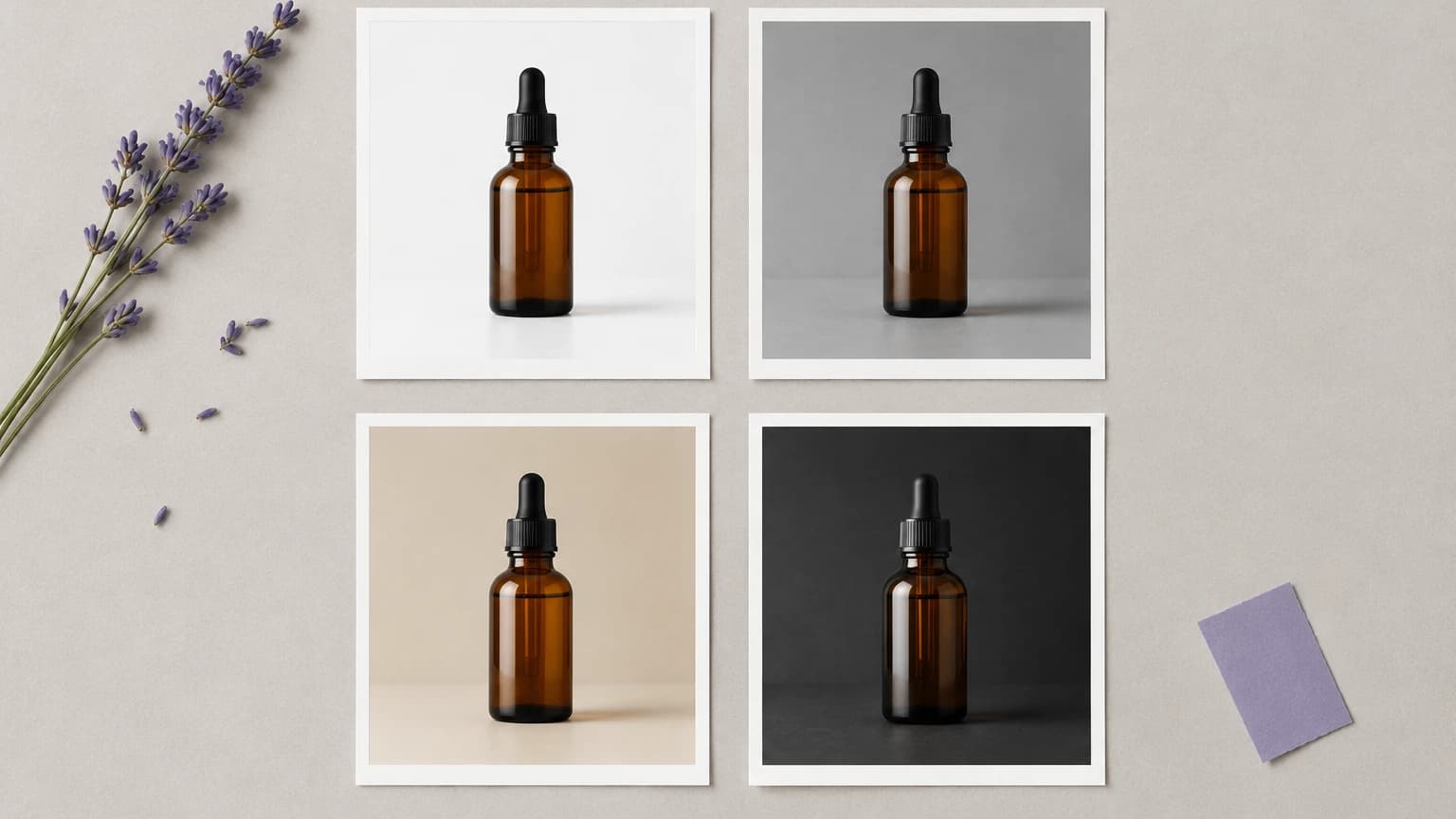 Four photos of the same bottle stuck on a short fixed menu of backdrops