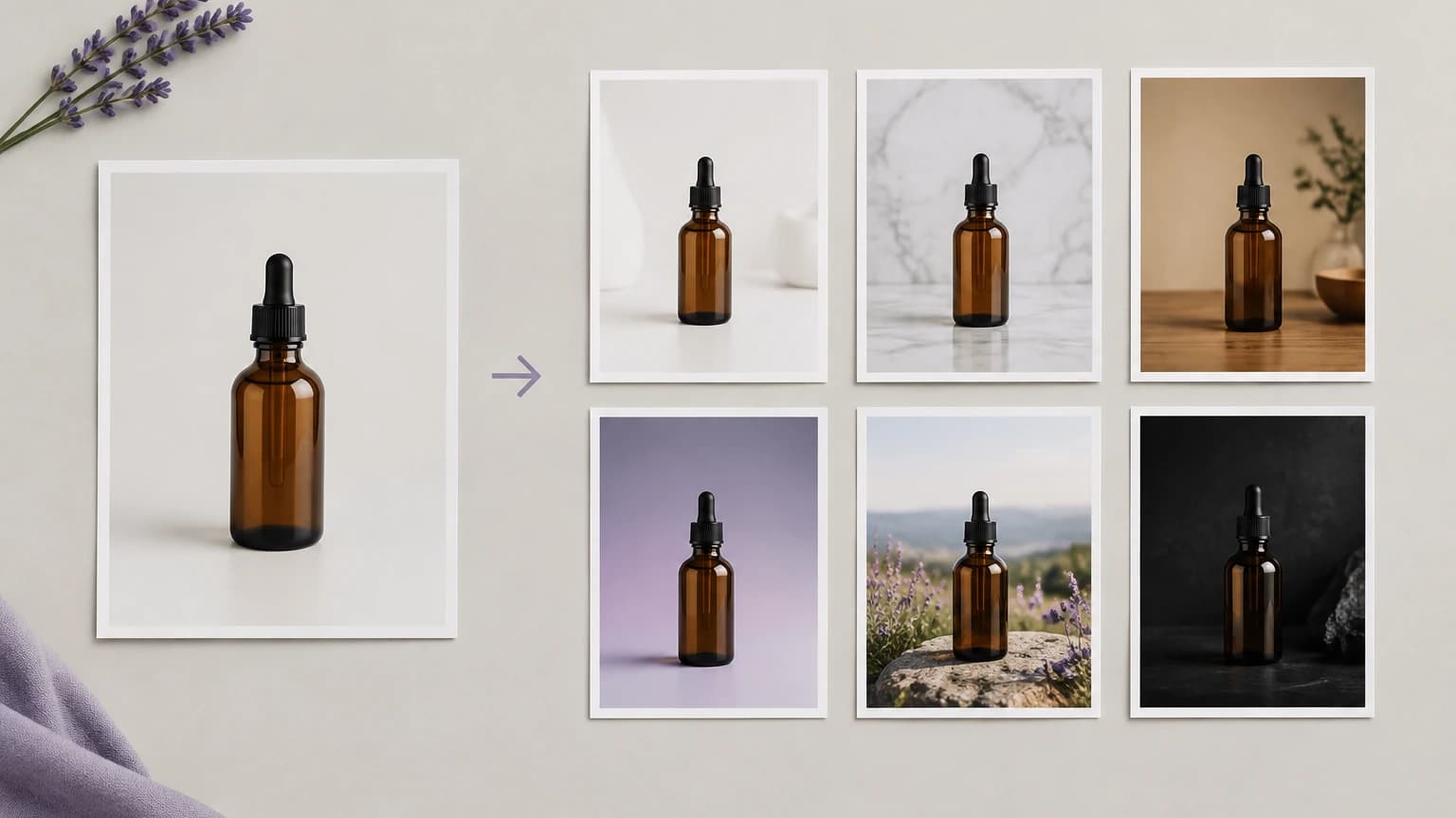 A product photo turned into six different real scene presets