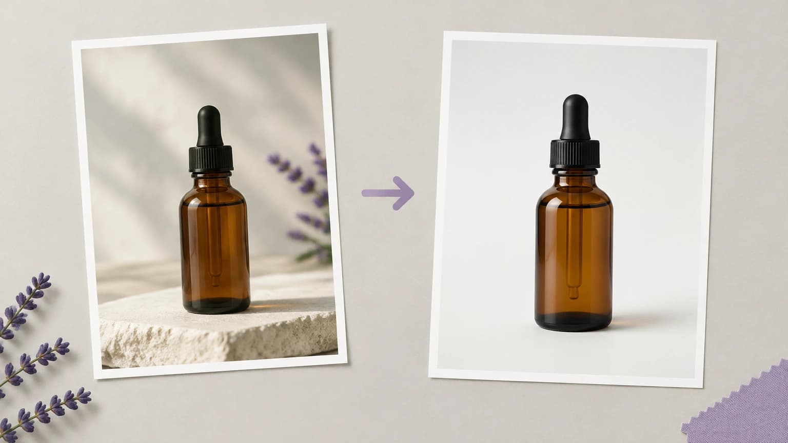 A product photo and its white studio result side by side