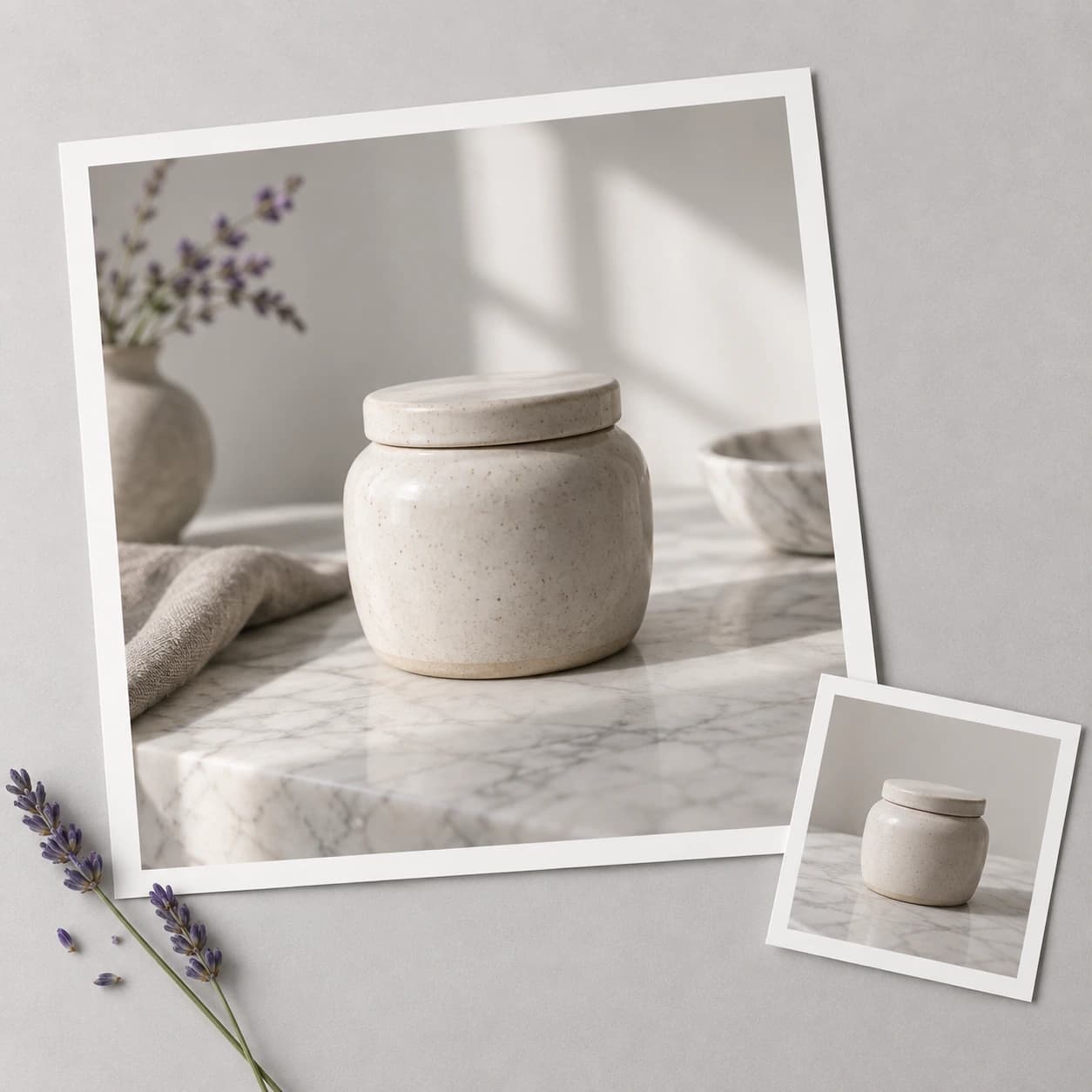 A product on honed white marble with soft window light